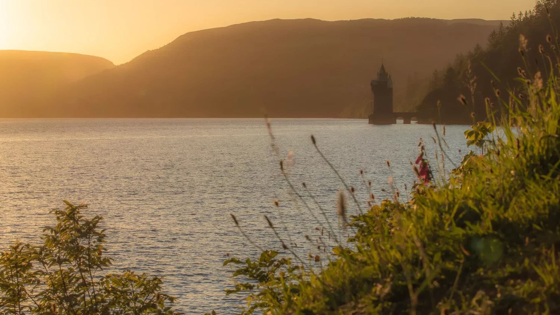 Lake Vyrnwy Water Tower at sunset